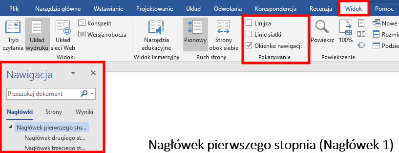 Nawigacja po nagłówkach w programie Microsoft Word